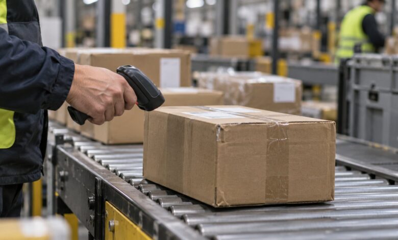 Paket wird auf einer Förderanlage mit Handscanner erfasst [Bildinhalt mit KI erstellt]