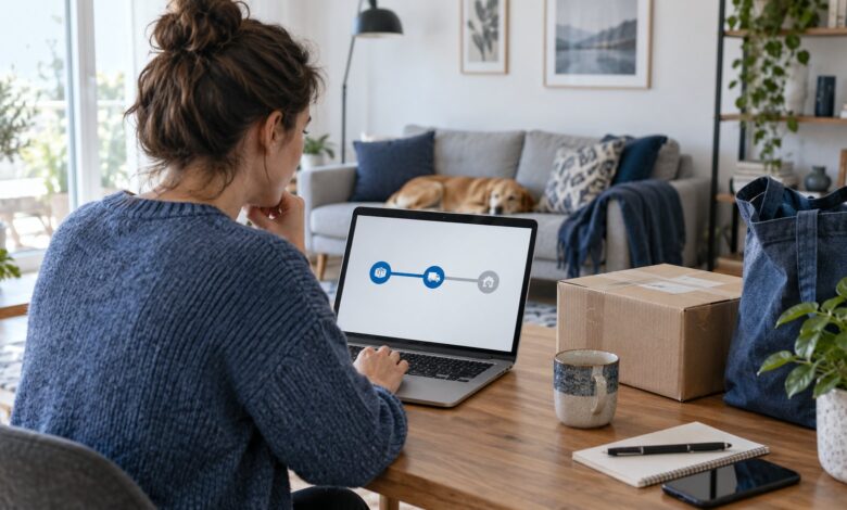 Person prüft Amazon Lieferstatus am Laptop neben einem Paket [Bildinhalt mit KI erstellt]