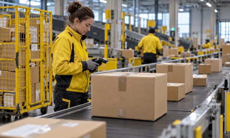 Paketbearbeitung im Versandzentrum mit Scanner und Kartons [Bildinhalt mit KI erstellt]