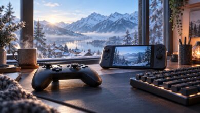 Spielcontroller, Handheld und PC-Tastatur als Symbol für Spiele-Neuerscheinungen im Januar 2027 [Bildinhalt mit KI erstellt]