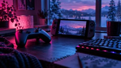 Spielcontroller, Handheld und PC-Tastatur als Symbol für Spiele-Neuerscheinungen im Februar 2027 [Bildinhalt mit KI erstellt]