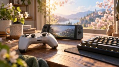 Spielcontroller, Handheld und PC-Tastatur als Symbol für Spiele-Neuerscheinungen im April 2027 [Bildinhalt mit KI erstellt]