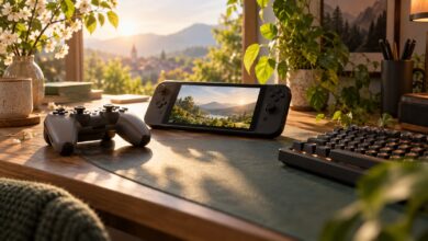 Spielcontroller, Handheld und PC-Tastatur als Symbol für Spiele-Neuerscheinungen im Mai 2027 [Bildinhalt mit KI erstellt]