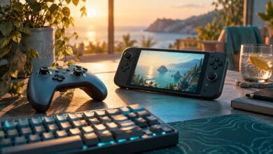 Spielcontroller, Handheld und PC-Tastatur als Symbol für Spiele-Neuerscheinungen im Juni 2027 [Bildinhalt mit KI erstellt]
