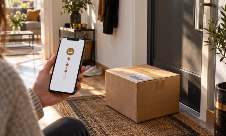 Person prüft die UPS Sendungsverfolgung am Smartphone neben einem Paket [Bildinhalt mit KI erstellt]